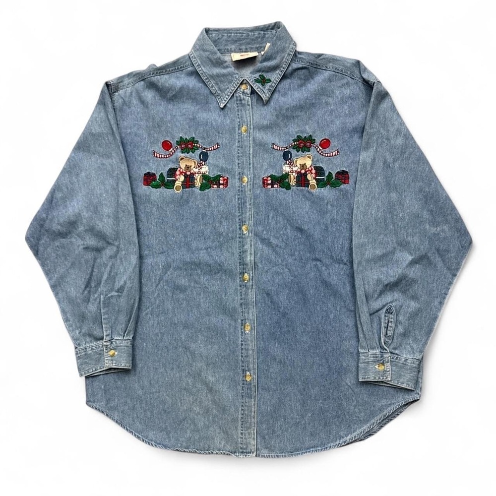 Vintage Faded Glory Christmas Teddy Bear Embroidered Denim Button Shirt Sz 18